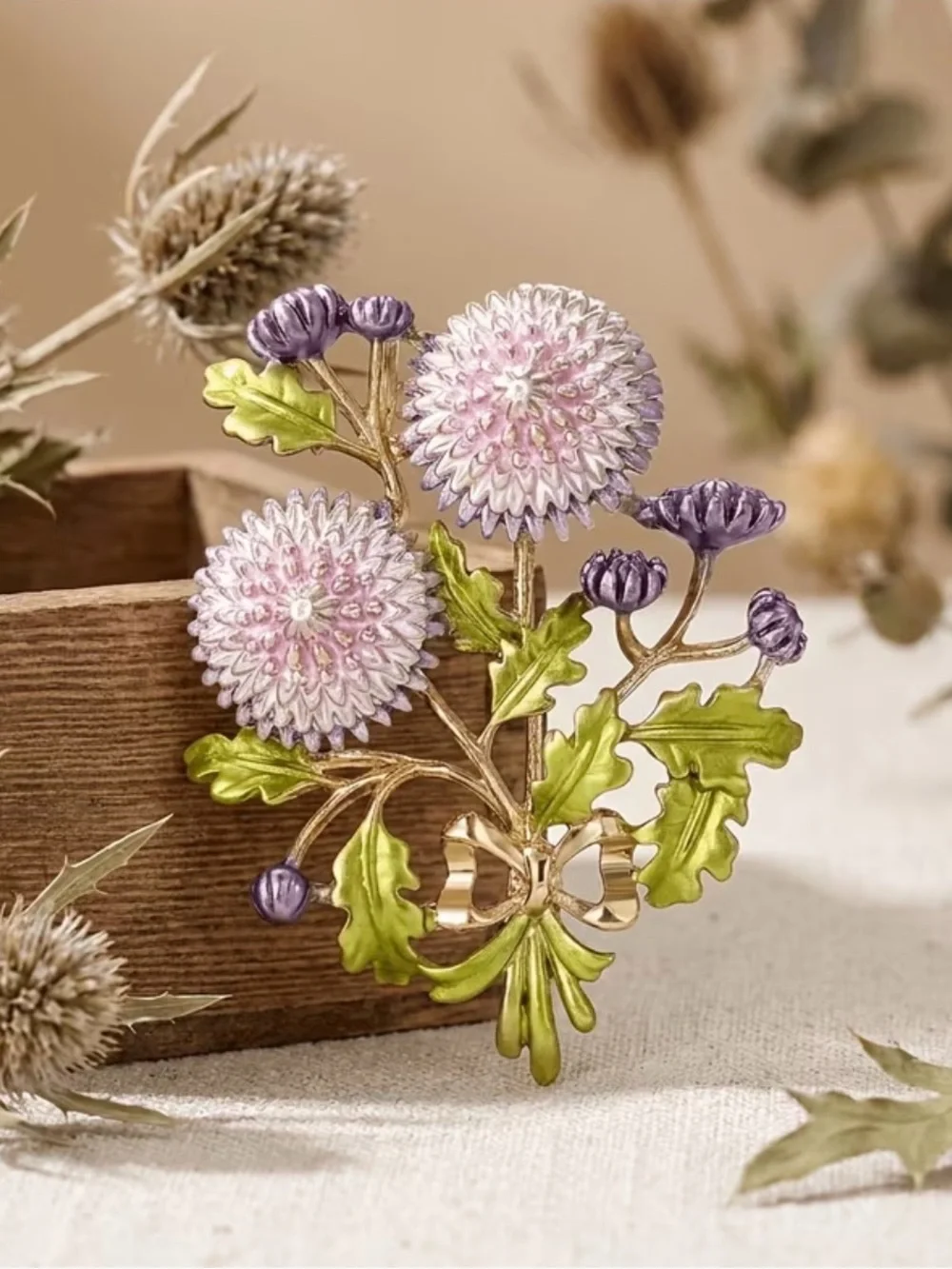 vintage Thistle Flower floral enamel brooch bouquet of Pink Thistle gold-tone